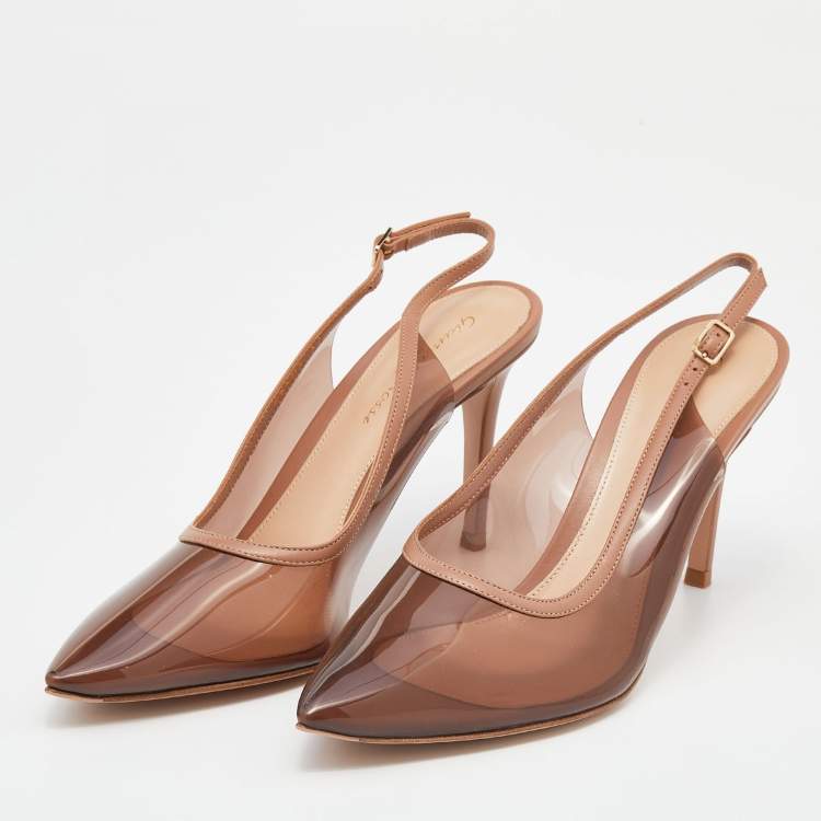 Pre Owned Gianvito Rossi Beige Leather And PVC Pointed Toe Slingback Sandals Size 37