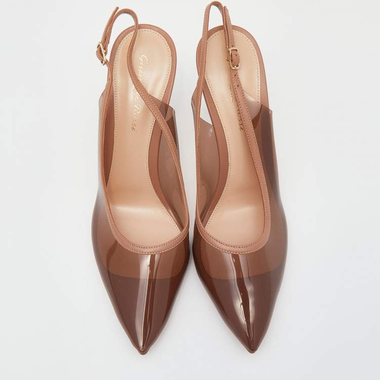 Pre Owned Gianvito Rossi Beige Leather And PVC Pointed Toe Slingback Sandals Size 37