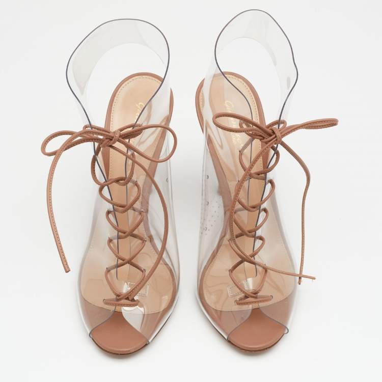 Pre Owned Gianvito Rossi Beige PVC And Leather Helmut Lace Up Boots Size 37