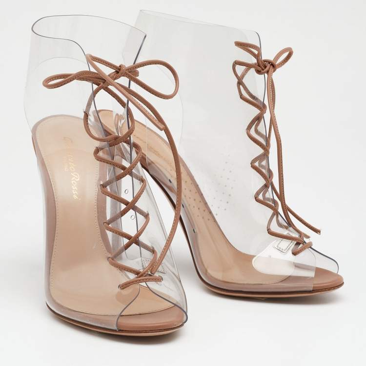 Pre Owned Gianvito Rossi Beige PVC And Leather Helmut Lace Up Boots Size 37