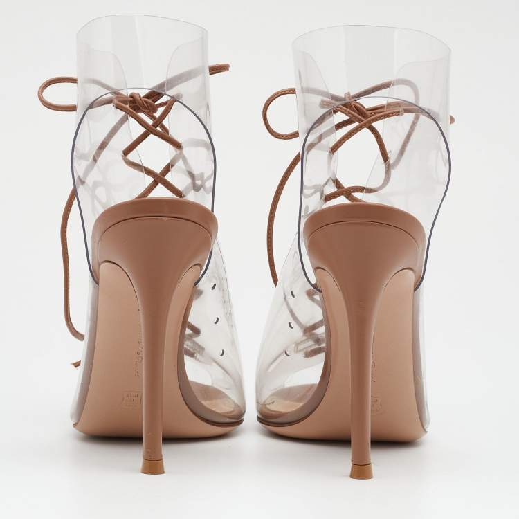 Pre Owned Gianvito Rossi Beige PVC And Leather Helmut Lace Up Boots Size 37