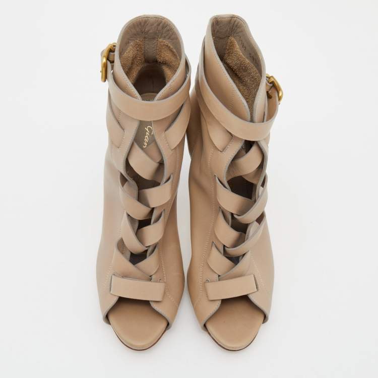 Pre Owned Gianvito Rossi Beige Leather Buckle Lace-Up Ankle Booties Size 36