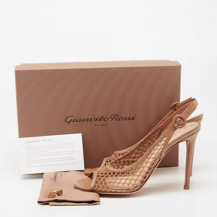 Pre Owned Gianvito Rossi Beige Honey Comb Mesh and Leather Open-Toe Slingback Sandals Size 39.5