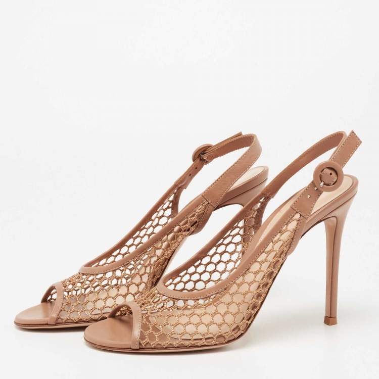 Pre Owned Gianvito Rossi Beige Honey Comb Mesh and Leather Open-Toe Slingback Sandals Size 39.5