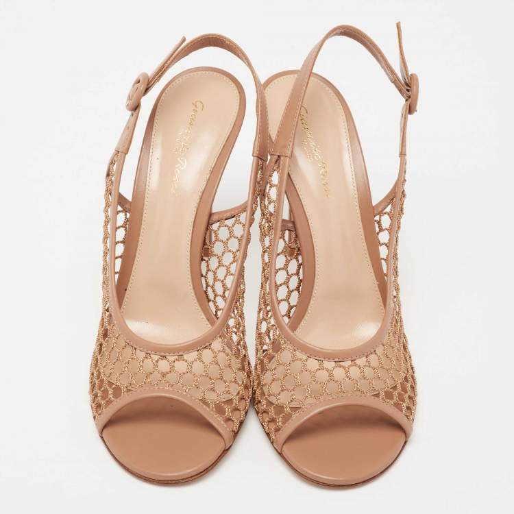 Pre Owned Gianvito Rossi Beige Honey Comb Mesh and Leather Open-Toe Slingback Sandals Size 39.5