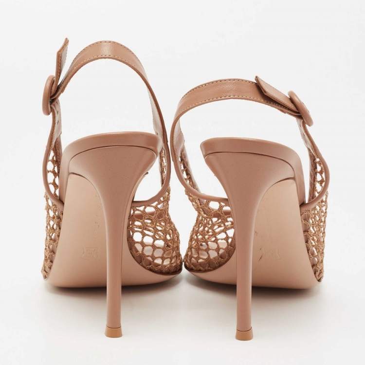 Pre Owned Gianvito Rossi Beige Honey Comb Mesh and Leather Open-Toe Slingback Sandals Size 39.5