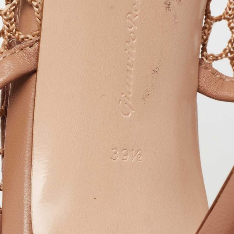 Pre Owned Gianvito Rossi Beige Honey Comb Mesh and Leather Open-Toe Slingback Sandals Size 39.5