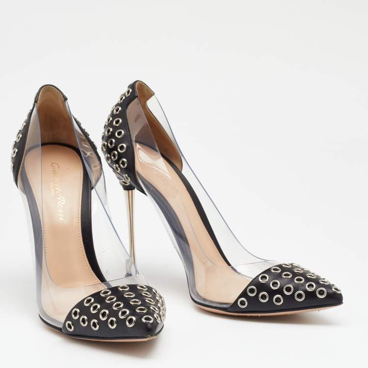 Pre Owned Gianvito Rossi Black PVC And Leather Eyelet Pointed Toe Pumps Size 37