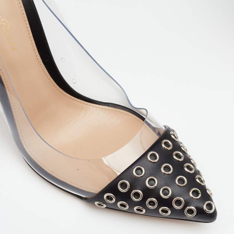 Pre Owned Gianvito Rossi Black PVC And Leather Eyelet Pointed Toe Pumps Size 37