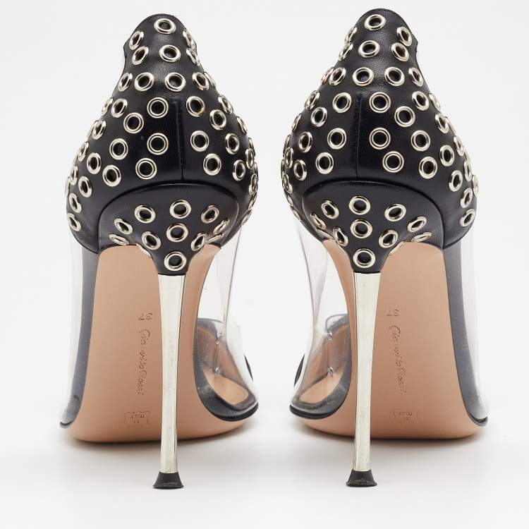 Pre Owned Gianvito Rossi Black PVC And Leather Eyelet Pointed Toe Pumps Size 37