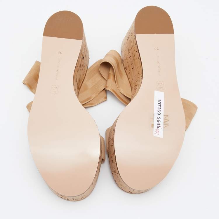 Pre Owned Gianvito Rossi Beige Suede And Elastic Strap Cork Wedge Platform Sandals Size 38