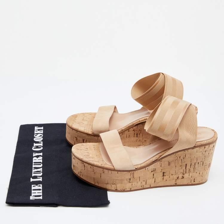 Pre Owned Gianvito Rossi Beige Suede And Elastic Strap Cork Wedge Platform Sandals Size 38
