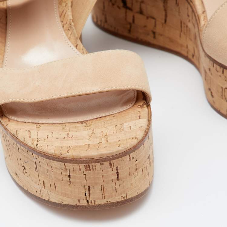 Pre Owned Gianvito Rossi Beige Suede And Elastic Strap Cork Wedge Platform Sandals Size 38