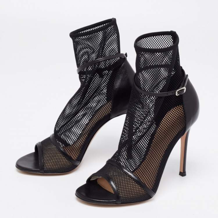 Pre Owned Gianvito Rossi Black Mesh and Leather Idol Open-Toe Ankle Booties Size 36