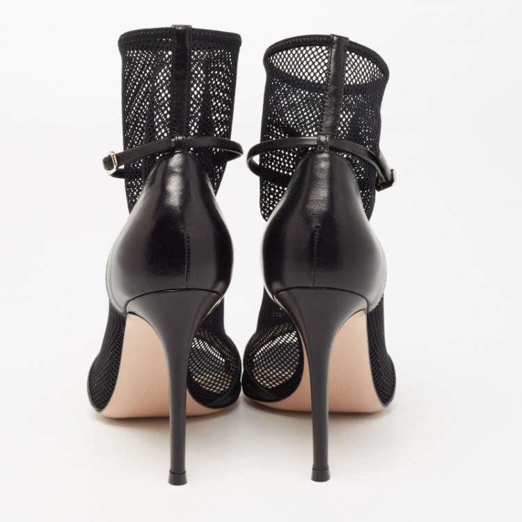 Pre Owned Gianvito Rossi Black Mesh and Leather Idol Open-Toe Ankle Booties Size 36