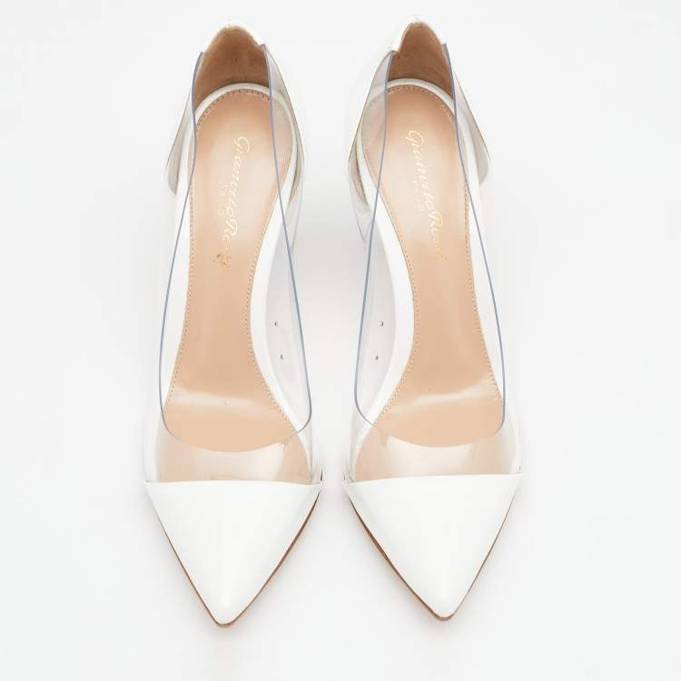 Pre Owned Gianvito Rossi White Patent Leather And PVC Plexi Pointed Toe Pumps Size 36.5