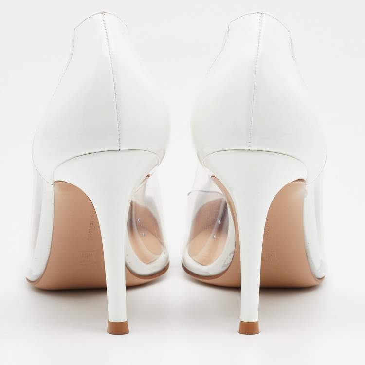 Pre Owned Gianvito Rossi White Patent Leather And PVC Plexi Pointed Toe Pumps Size 36.5