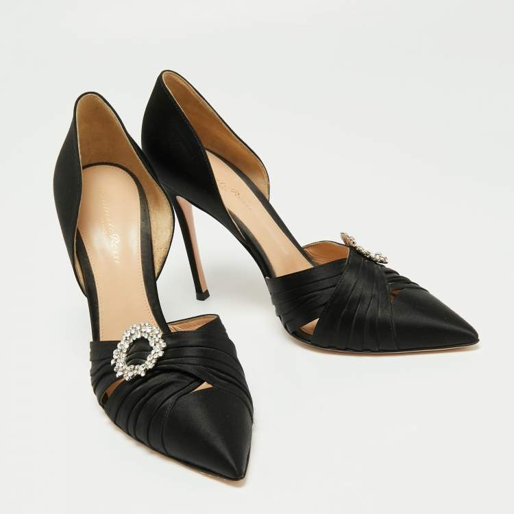 Pre Owned Gianvito Rossi Black Pleated Satin Crystal Embellished Pointed Toe Pumps Size 40