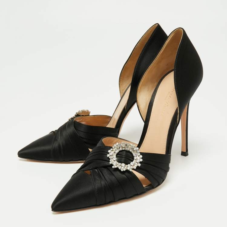 Pre Owned Gianvito Rossi Black Pleated Satin Crystal Embellished Pointed Toe Pumps Size 40