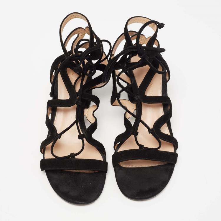Pre Owned Gianvito Rossi Black Suede Gladiator Block Heel Sandals Size 39