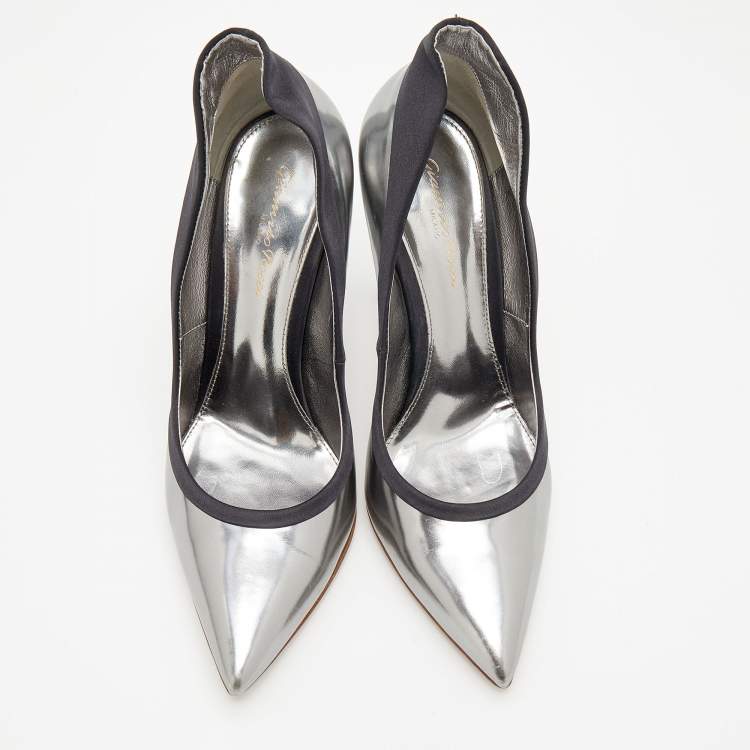 Pre Owned Gianvito Rossi Metallic Silver Patent Leather Pointed Toe Pumps Size 39