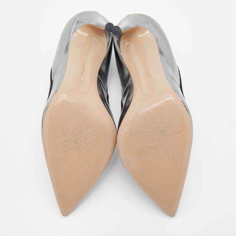 Pre Owned Gianvito Rossi Metallic Silver Patent Leather Pointed Toe Pumps Size 39
