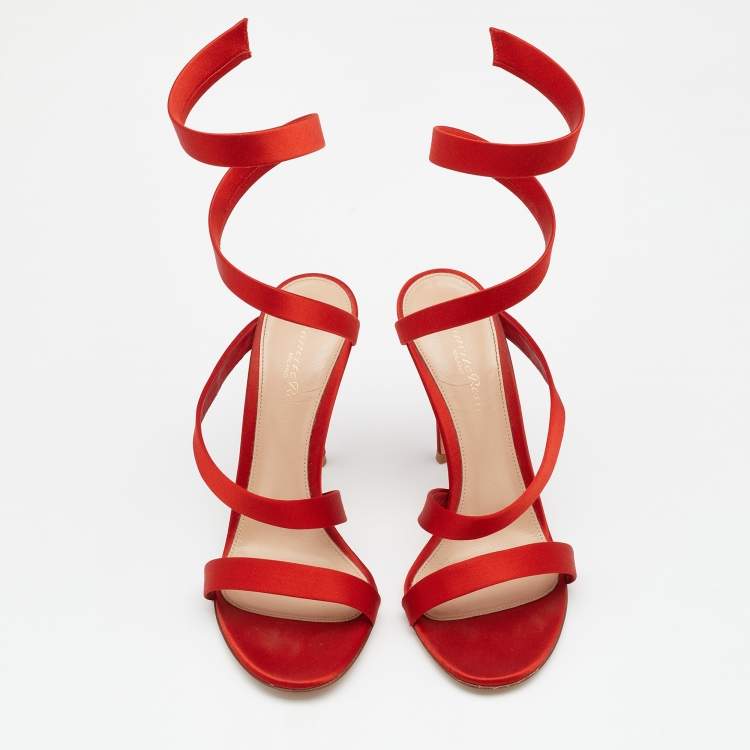 Pre Owned Gianvito Rossi Red Satin Opera Twirl Ankle Wrap Sandals Size 38.5