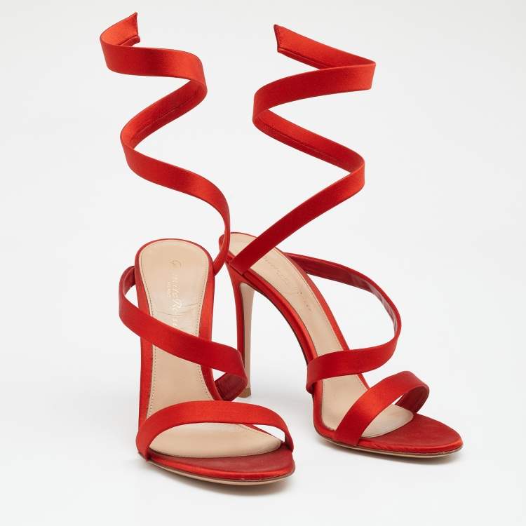Pre Owned Gianvito Rossi Red Satin Opera Twirl Ankle Wrap Sandals Size 38.5