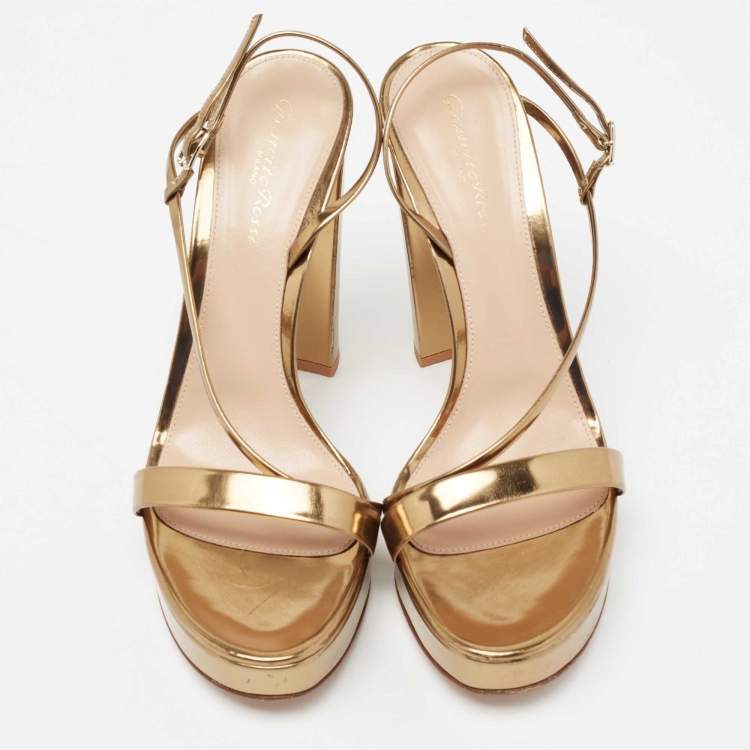 Pre Owned Gianvito Rossi Gold Laminated Leather Asymmetric Platform Sandals Size 39.5