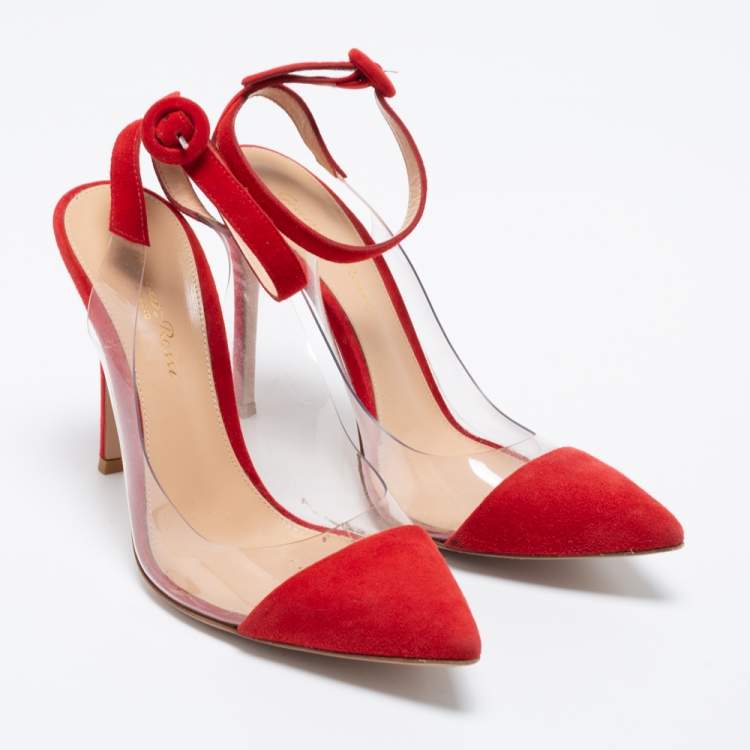 Pre Owned Gianvito Rossi Red Suede and PVC Ankle Strap Pumps Size 37.5