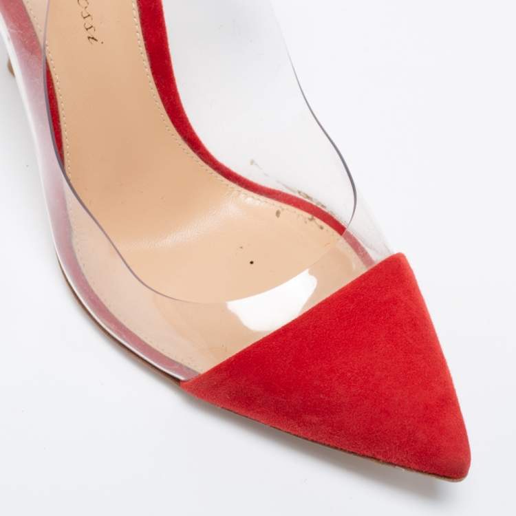 Pre Owned Gianvito Rossi Red Suede and PVC Ankle Strap Pumps Size 37.5