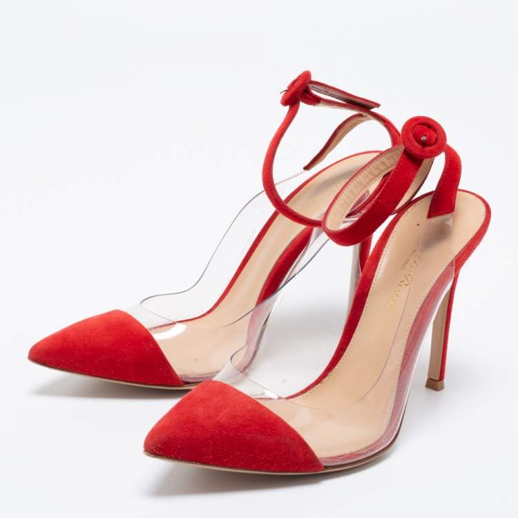 Pre Owned Gianvito Rossi Red Suede and PVC Ankle Strap Pumps Size 37.5