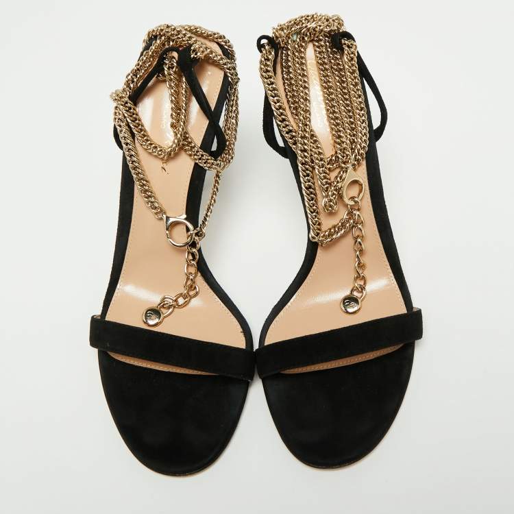 Pre Owned Gianvito Rossi Black  Suede Debbie Chain Ankle Strap Sandals Size 39