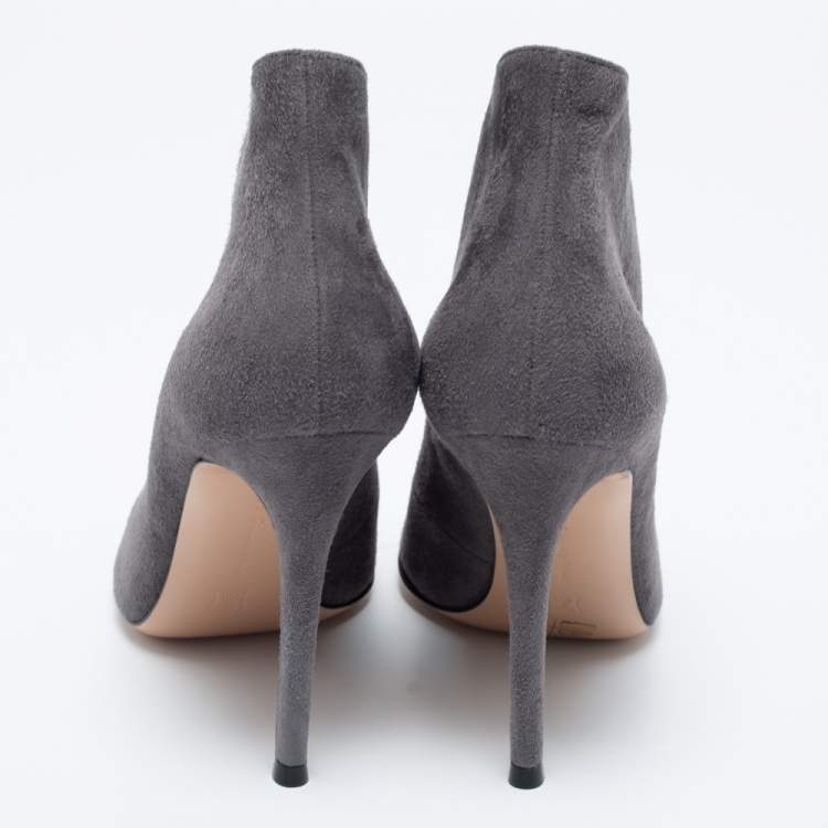 Pre Owned Gianvito Rossi Grey Suede Vamp Peep Toe Booties Size 37.5