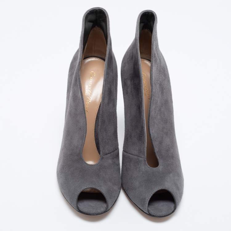 Pre Owned Gianvito Rossi Grey Suede Vamp Peep Toe Booties Size 37.5