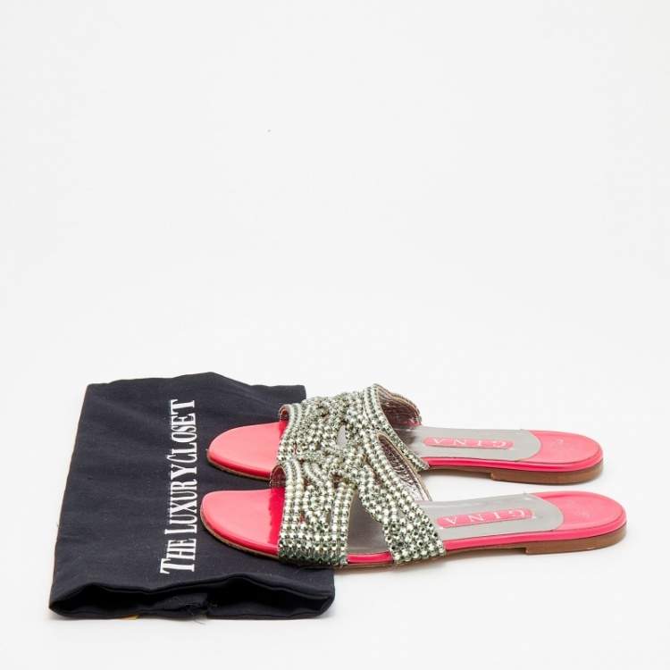 Pre Owned Gina Pink Crystal Embellished Leather Athena Flat Slides Size 38.5