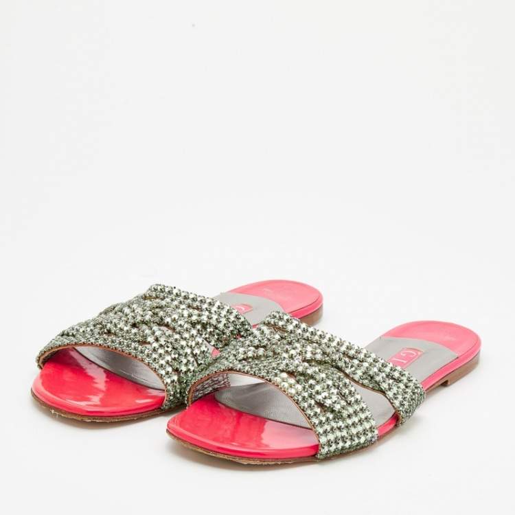 Pre Owned Gina Pink Crystal Embellished Leather Athena Flat Slides Size 38.5
