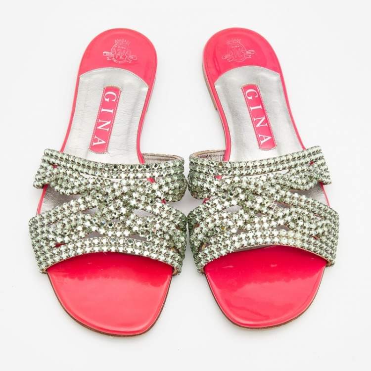 Pre Owned Gina Pink Crystal Embellished Leather Athena Flat Slides Size 38.5
