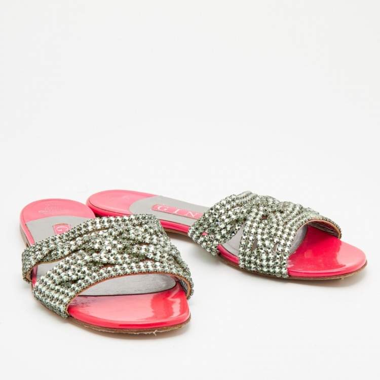 Pre Owned Gina Pink Crystal Embellished Leather Athena Flat Slides Size 38.5