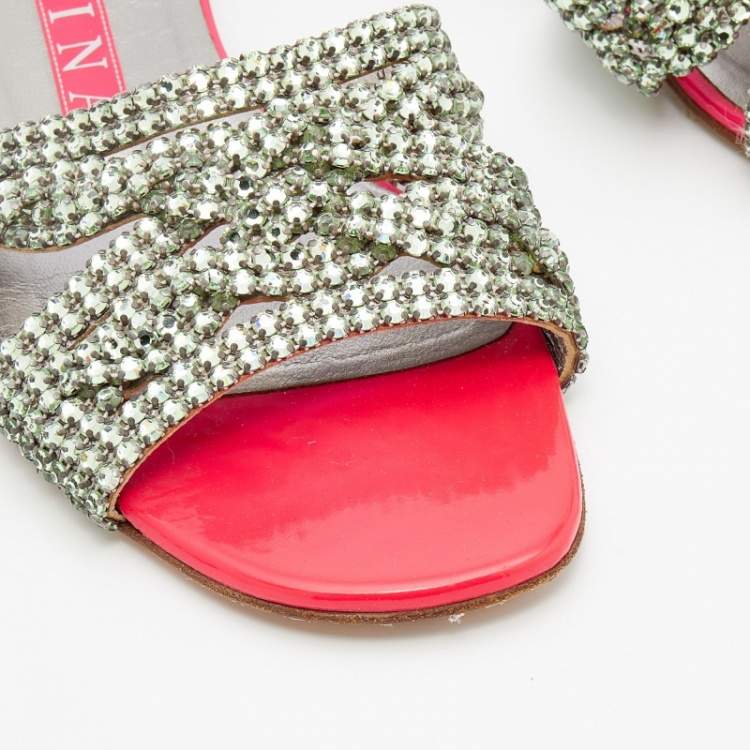 Pre Owned Gina Pink Crystal Embellished Leather Athena Flat Slides Size 38.5