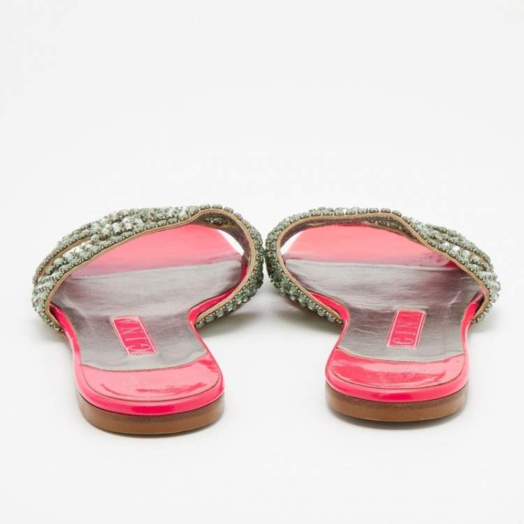 Pre Owned Gina Pink Crystal Embellished Leather Athena Flat Slides Size 38.5