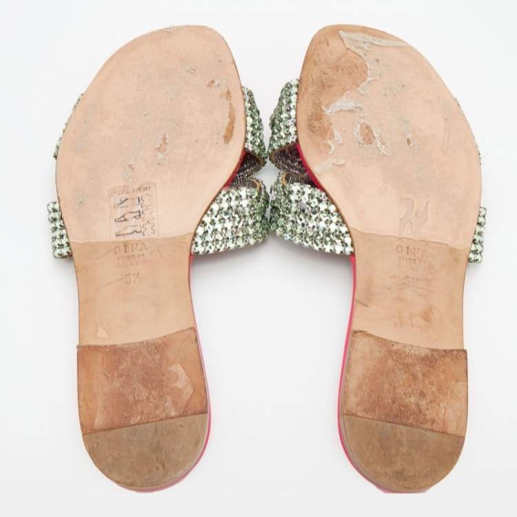 Pre Owned Gina Pink Crystal Embellished Leather Athena Flat Slides Size 38.5