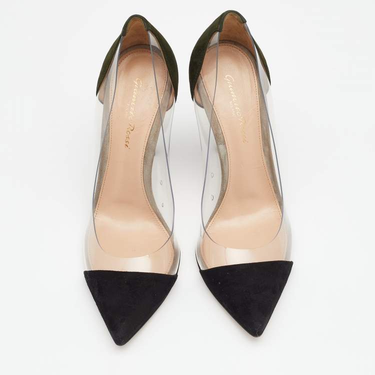 Pre Owned Gianvito Rossi Black/Green Suede And PVC Plexi Pointed Toe Pumps Size 37.5