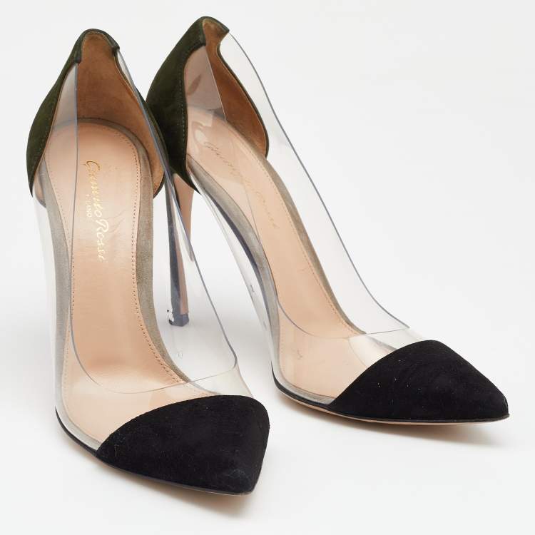 Pre Owned Gianvito Rossi Black/Green Suede And PVC Plexi Pointed Toe Pumps Size 37.5