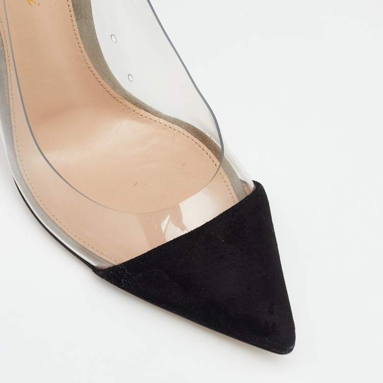 Pre Owned Gianvito Rossi Black/Green Suede And PVC Plexi Pointed Toe Pumps Size 37.5