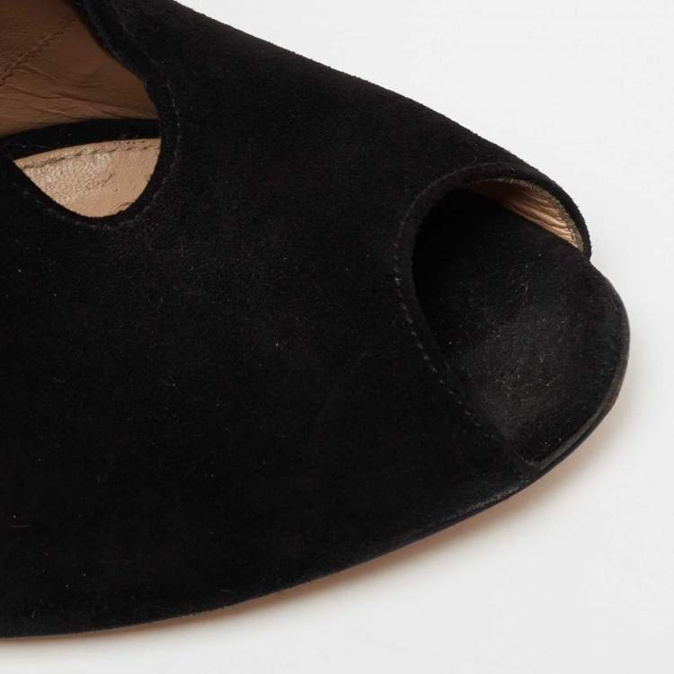 Pre Owned Gianvito Rossi Black Suede Vamp Peep-Toe Booties Size 39