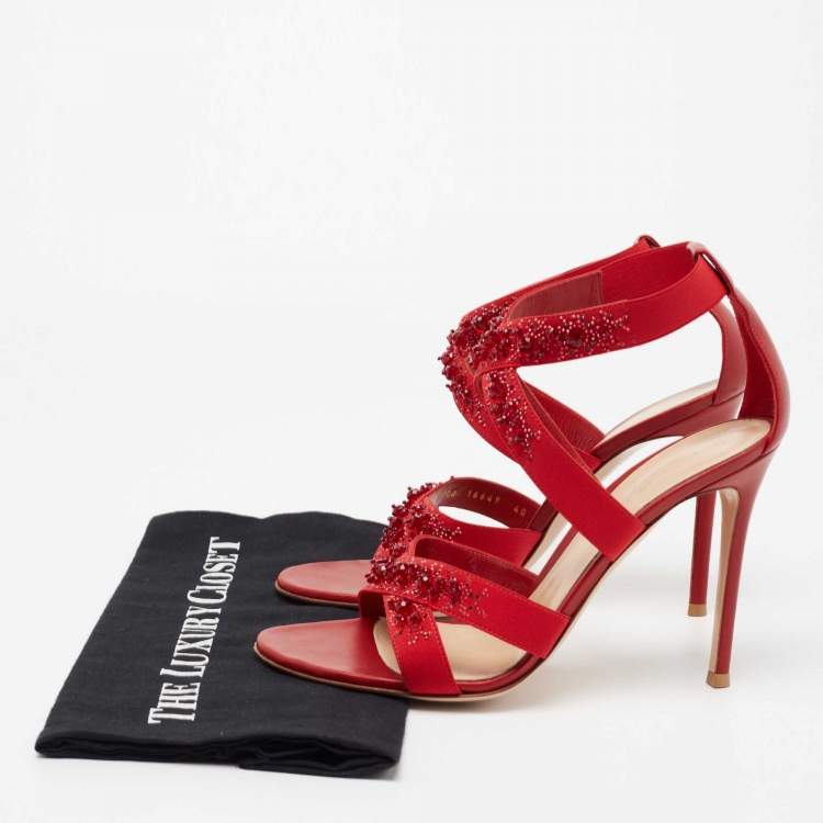 Pre Owned Gianvito Rossi Red Leather and Fabric Crystal Embellished Ankle-Strap Sandals Size 40
