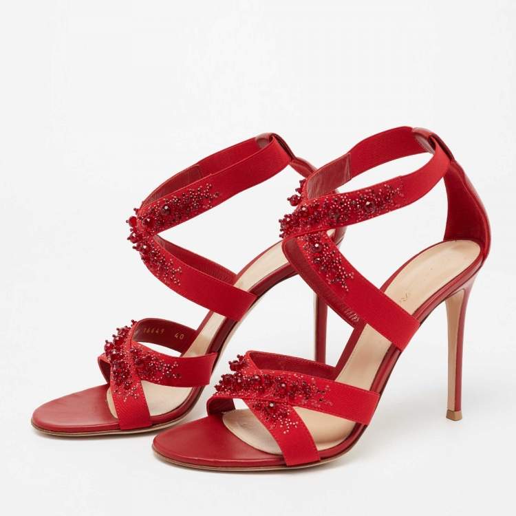 Pre Owned Gianvito Rossi Red Leather and Fabric Crystal Embellished Ankle-Strap Sandals Size 40