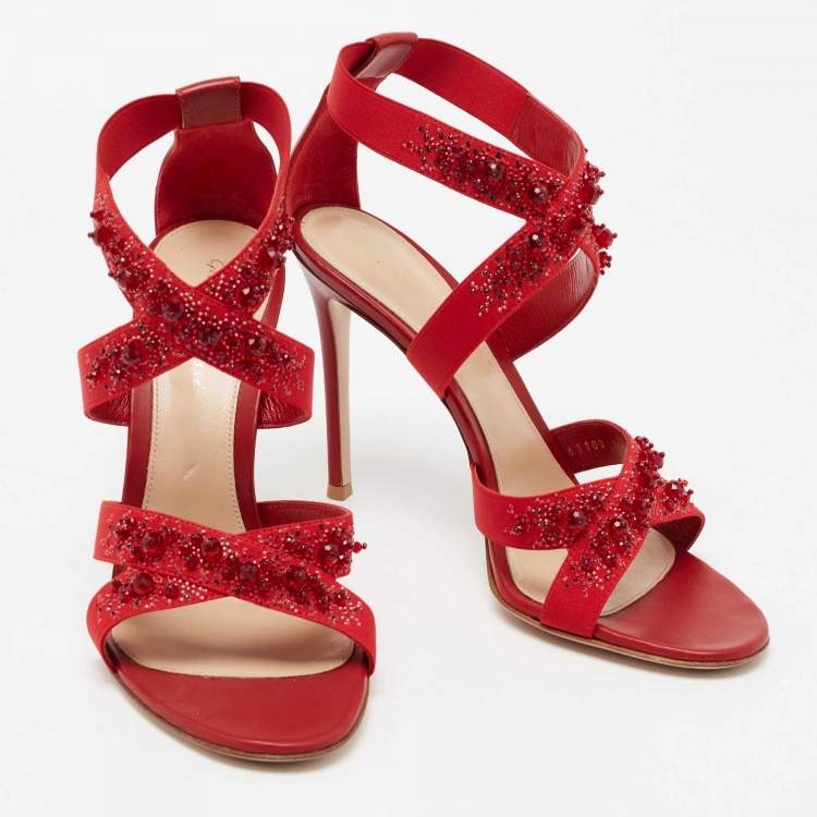 Pre Owned Gianvito Rossi Red Leather and Fabric Crystal Embellished Ankle-Strap Sandals Size 40
