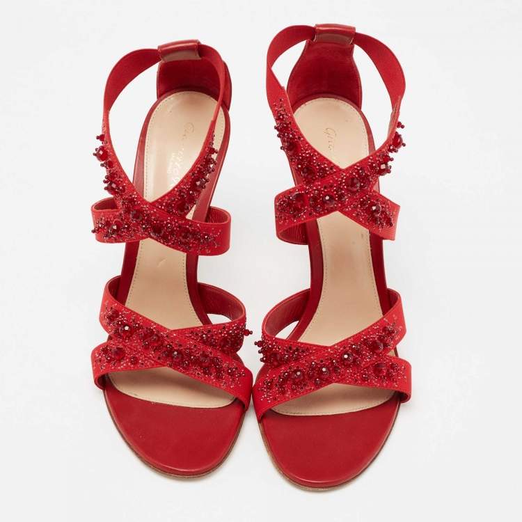 Pre Owned Gianvito Rossi Red Leather and Fabric Crystal Embellished Ankle-Strap Sandals Size 40